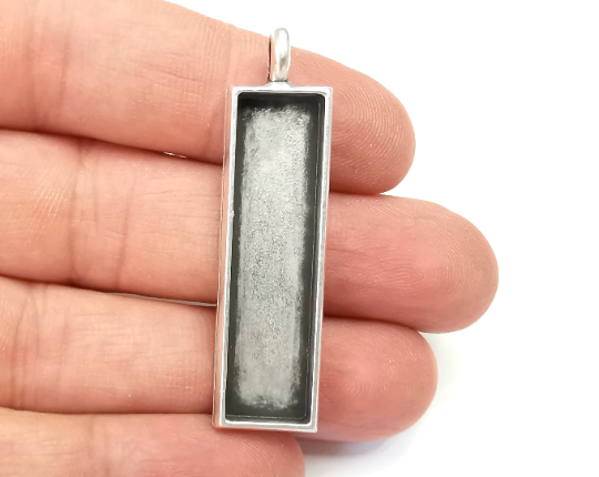 Rectangle Pendant Blank Bezel Resin Mosaic Mountings Antique Silver Plated Charms (50x13mm)( 40x10 mm Bezel Inner Size) G28089