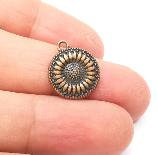 Sunflower Charms, Double Sided Flower Charms, Antique Copper Plated (17x14mm) G28315