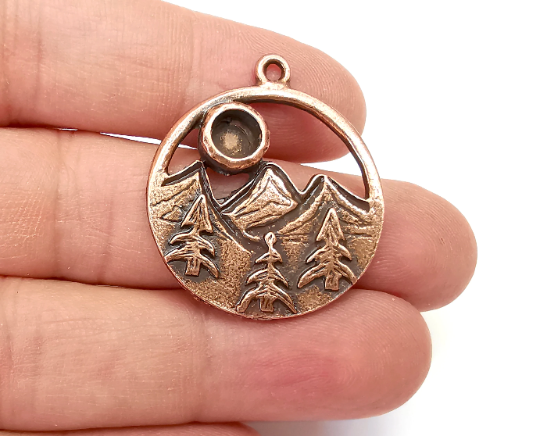 Mountain Landscape Forest Pine Tree Pendant Blank Resin Bezel Mounting Cabochon Base Setting Antique Copper Plated Charms (6mm Blank) G28075