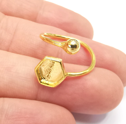 Hexagon Ball Head Ring Blanks Settings, Cabochon Mounting, Adjustable Resin Ring Base Bezels, Shiny Gold Plated Brass (8mm) G28327