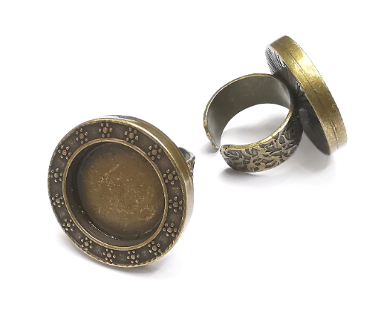 Round Ring Blank Setting, Cabochon Mounting, Adjustable Resin Ring Base, Inlay Ring Blank Mosaic Bezels Antique Bronze Plated (20mm) G29576