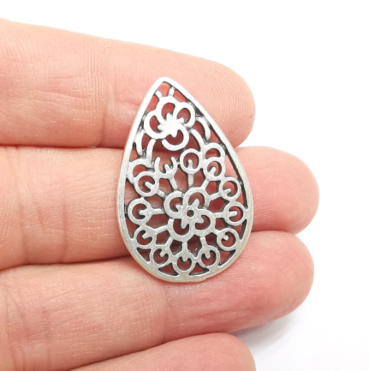 Drop Filigree Dangle Charms, Antique Silver Plated Findings (33x23mm) G29581
