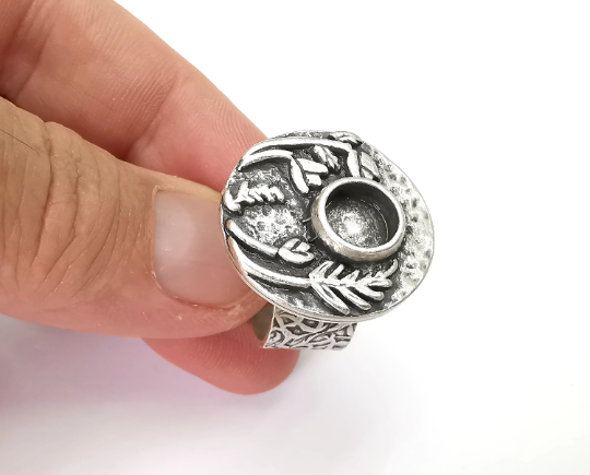 Flower Ring Setting , Tulip Ring, Branch Round Ring Blank , Cabochon Mounting, Adjustable Resin Base Bezels, Antique Silver (8mm) G28703
