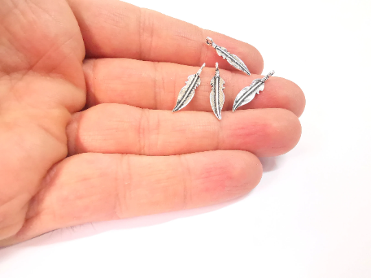 4 Sterling Silver Feather Charms 925 Solid Silver Charms (21x5mm) G30077
