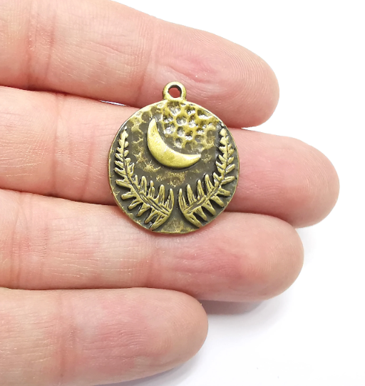 Crescent and Fern Leaf Charms Hammered Disc Pendant Antique Bronze Plated (28x24mm) G29383