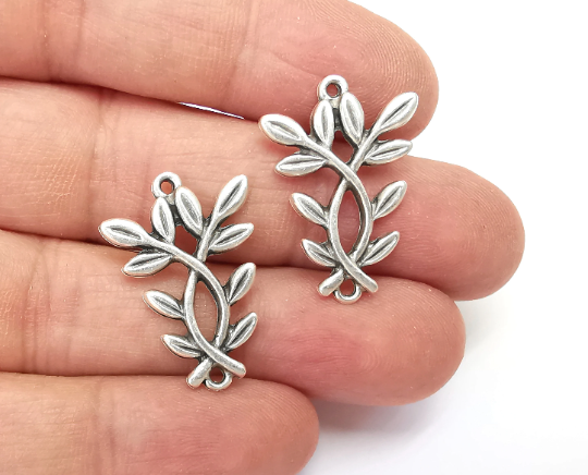 Branch Leaf Charms Connector Antique Silver Plated Charms (28x19mm) G28080