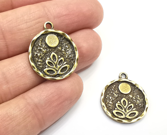 Lotus Full Moon Charms Round Night Pendant Antique Bronze Plated Charms (26x22mm) G28028