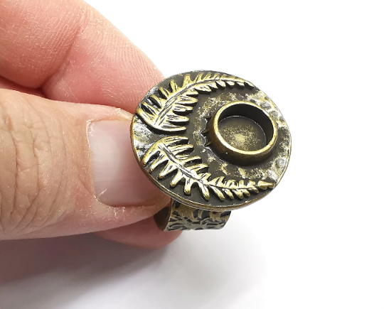 Fern Leaf Ring Blanks Settings, Cabochon Mounting, Adjustable Resin Ring Base Bezels, Antique Bronze Plated Brass (8mm) G29578