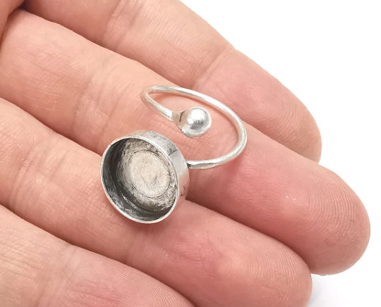 Wrap Ball Round Blank Silver Ring Setting Cabochon Mounting Adjustable Ring Base Bezel Antique Silver Plated Brass (14mm blank) G26657