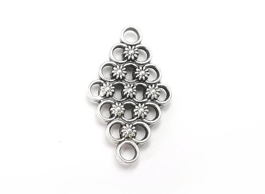 Flowers Charms Rhombus Connector Charms Pendant (Double Sided) Antique Silver Plated (29x17mm) G28236