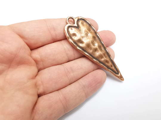 Hammered Long Heart (Double Sided) Pendant Antique Copper Plated Pendant (76x28mm) G29545