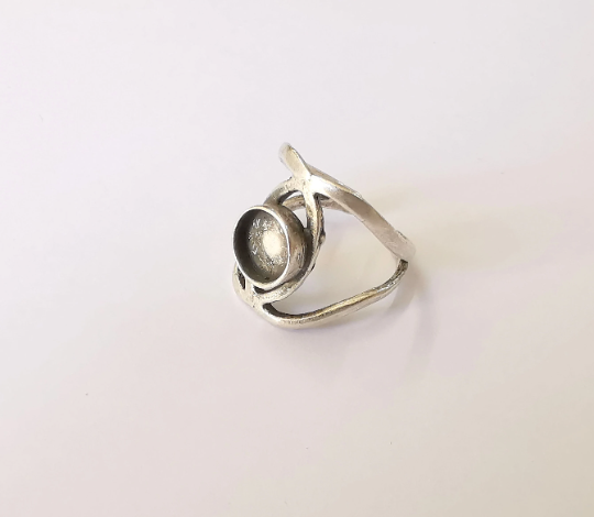 Silver Ring Blank Base Bezel Settings Cabochon Base Mountings Adjustable (8mm Blank) , Antique Silver Plated Brass G24972
