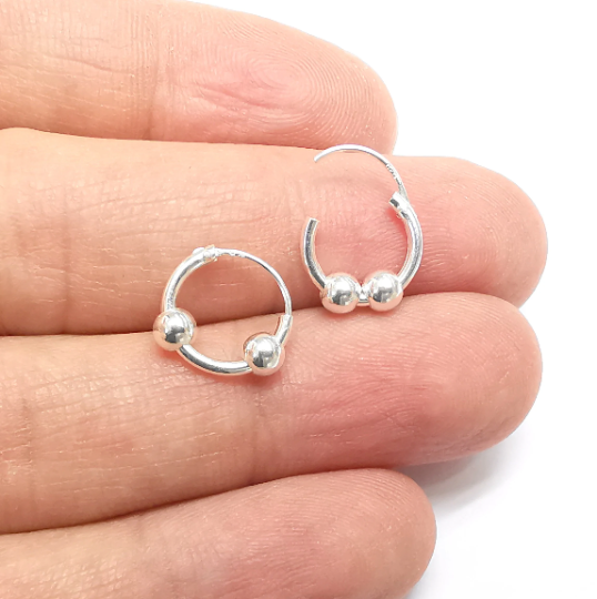 Solid Sterling Silver Earring Hoop Wire with two Ball Bead, Piercing, 925 Silver Earring Hoop Findings (12mm) 1 pair G30406
