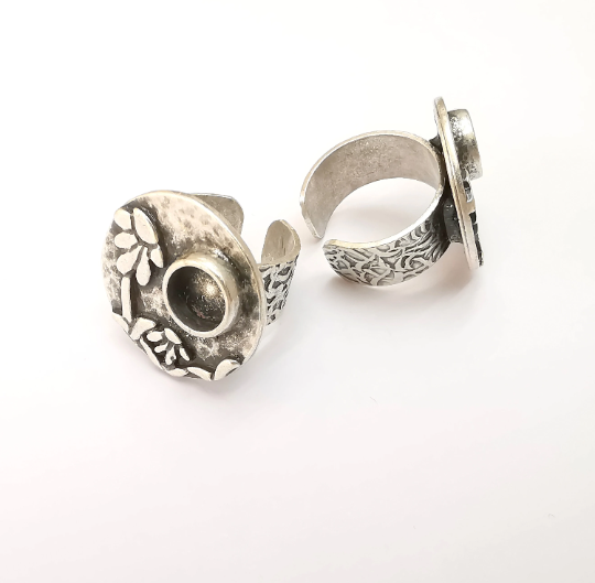 Flower Ring Blank Setting, Cabochon Mounting, Adjustable Resin Ring Base Bezels, Antique Silver Inlay Ring Mosaic Ring Bezel (8mm) G28723