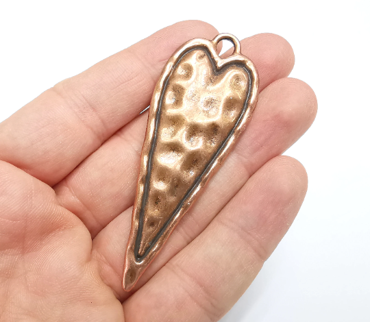 Hammered Long Heart (Double Sided) Pendant Antique Copper Plated Pendant (76x28mm) G29545