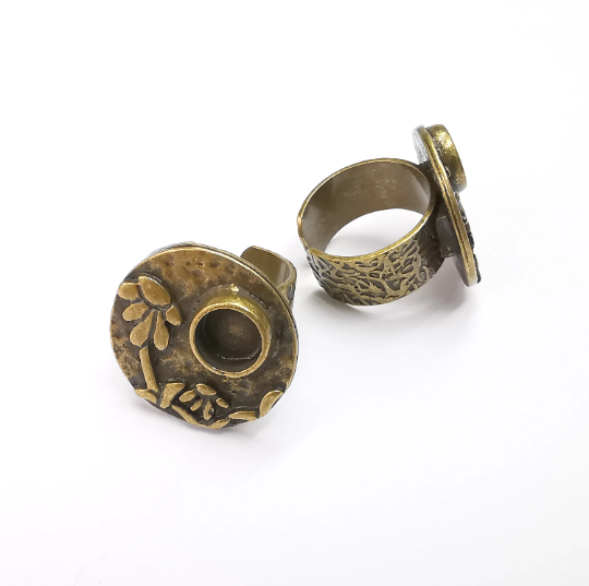 Flower Ring Blank Setting, Cabochon Mounting, Adjustable Resin Ring Base, Inlay Ring Blank Mosaic Bezels Antique Bronze Plated (8mm) G29314