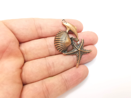 Dolphin Starfish Scallop Charms Pendant Antique Copper Plated (50x29mm) G28312