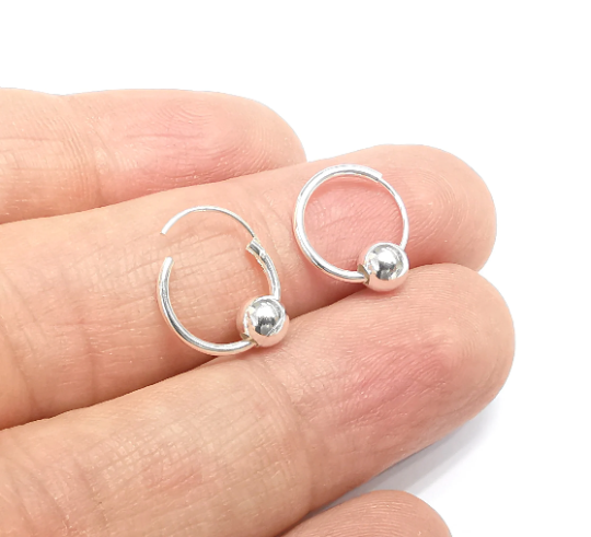 Solid Sterling Silver Earring Hoop, Piercing Wire with Ball Bead 925 Silver Earring Findings 1 Pair (12mm) G30012