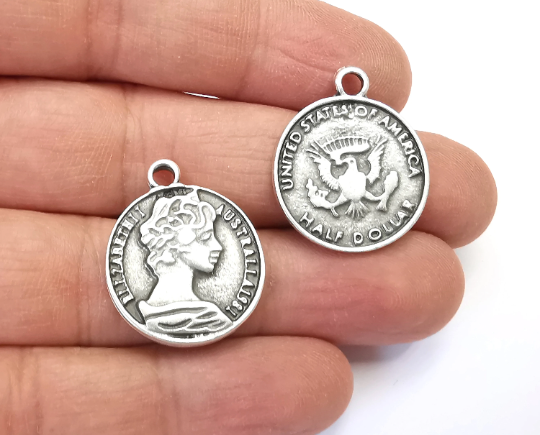 Coin Charms (Double sided) Antique Silver Plated Charms (26x22 mm) G28046