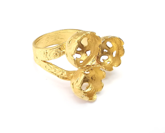 Flower Ring Setting , Cup Ring, Round Ring Blank , Cabochon Mounting, Adjustable Ring Base Bezels, Gold Plated Brass (10mm) G28715