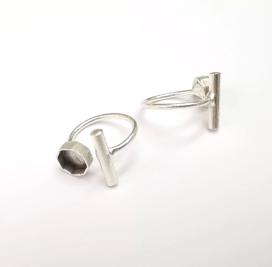 Wrap Ball Ring Blank Setting, Octagon Cabochon Mounting, Adjustable Resin Ring Base Bezels, Antique Silver Plated (8mm) G29546