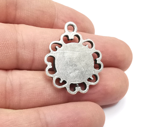 Flower Pendant Bezel, Resin Blank, inlay Mountings, Mosaic Frame, Cabochon Bases, Dry Flower Settings, Antique Silver Plated (14mm) G28799