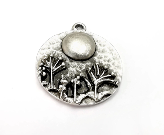 Flower Garden Full Moon Charms Hammered Round Landscape Pendant Antique Silver Plated (29x25mm) G28240