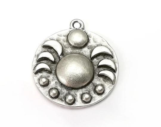 Crescent Moon Charms The Phases of The Moon, Round Hammered Ethnic Antique Silver Plated (29x25mm) G28299