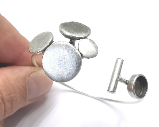 Discs Wire Bracelet Cuff Blank Bezel Glass Cabochon Base Adjustable Antique Silver Plated Brass (8mm ) G28986