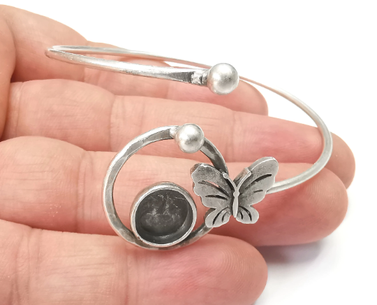 Butterfly Adjustable Bracelet Bases, Resin Cuff Blanks, Cabochon Bezel, Mosaic, Dry flower, Antique Silver Plated Brass (10mm) G28417