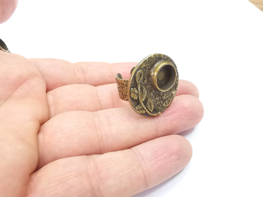 Flower Ring Blank Setting, Cabochon Mounting, Adjustable Resin Ring Base, Inlay Ring Blank Mosaic Bezels Antique Bronze Plated (10mm) G29322