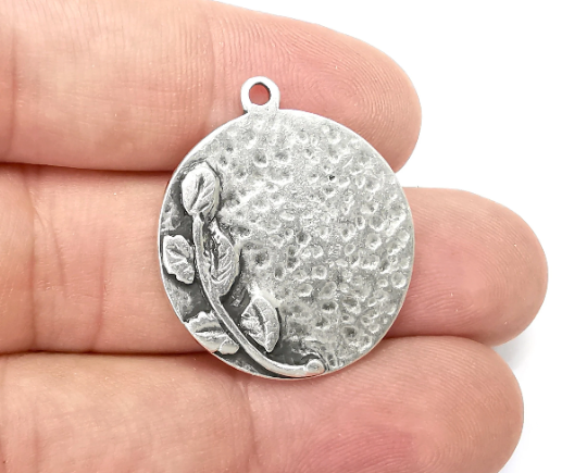 Branch leaf Charms Antique Silver Plated Round Charms (30x26mm) G28462