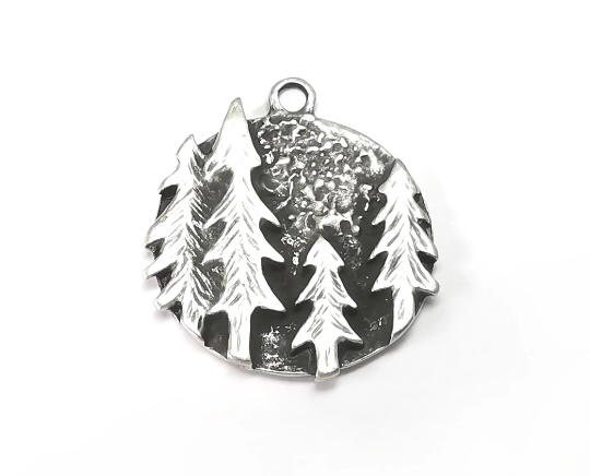 Pines Tree Charms Antique Silver Plated Round Charms (32x28mm) G28493