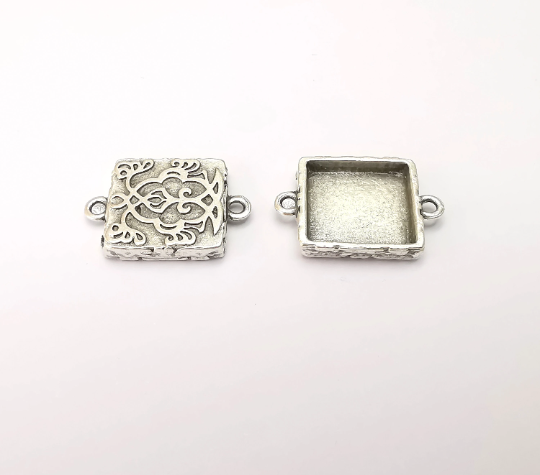 Unique Square Pendant Bezel, Resin Blank, inlay Mounting, Mosaic Frame Cabochon Base Dry Flower Setting, Antique Silver Plated (15mm) G28721