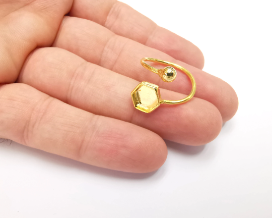 Hexagon Ball Head Ring Blanks Settings, Cabochon Mounting, Adjustable Resin Ring Base Bezels, Shiny Gold Plated Brass (8mm) G28327