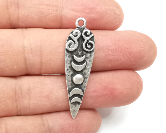 Crescent Moon Charms Hammered Spike Pendant Antique Silver Plated (42x12mm) G28497