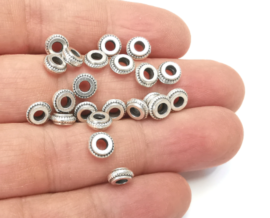 Ribbed Round Beads Antique Silver Plated Beads (7mm) G28054