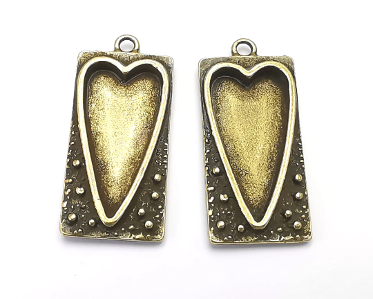 Heart Rectangle Pendant Blank Resin Bezel Mounting Cabochon Base Setting Antique Bronze Plated Charms 40x18mm (28x14mm Blank) G28001