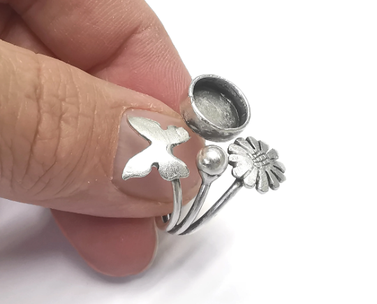 Butterfly Flower Ring Blanks Silver Round Ring Setting Cabochon Mounting Adjustable Ring Base Bezel Antique Silver Plated Brass (10mm)G26710