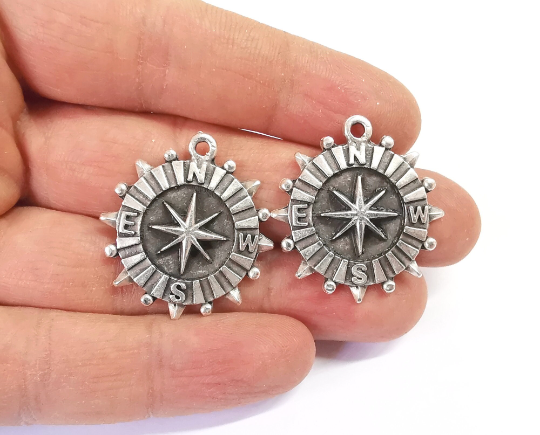 2 Compass charms Antique silver plated charms (30x27mm) G24405