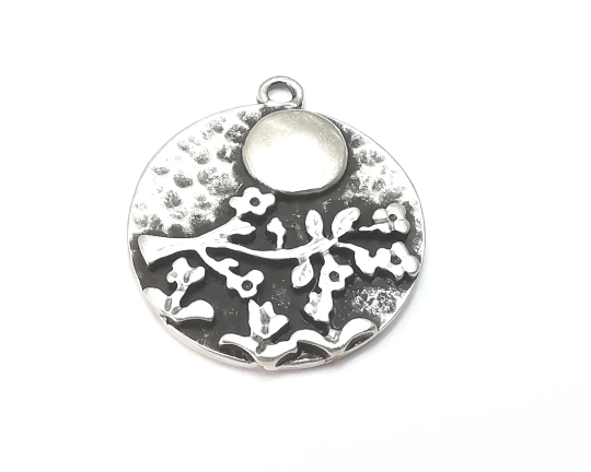 Flower Blossom Branch Charms Antique Silver Plated (28x25mm) G28455