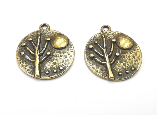 Tree Moon Charms Hammered Round Full Moon Pendant Antique Bronze Plated Charms (26x22mm) G28029