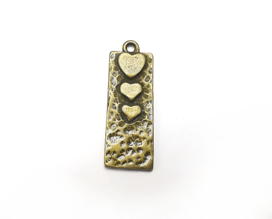 Heart Charms Hammered Rectangle Pendant Antique Bronze Plated (34x12mm) G29340