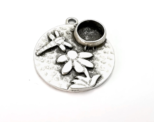 Dragonfly Flower Daisy Hammered Charms Blank Resin Bezel Mounting Cabochon Base Setting Antique Silver Plated (8mm Blank) G28241