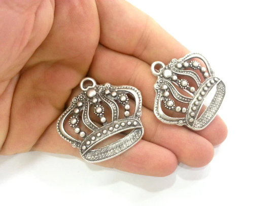 2 Antique Silver Plated Crown Pendant 2 Pcs (42x40 mm.) G10808