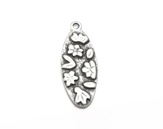 Flower Charms, Leaf Oval Dangle Charms, Antique Silver Plated (34x13mm) G28982