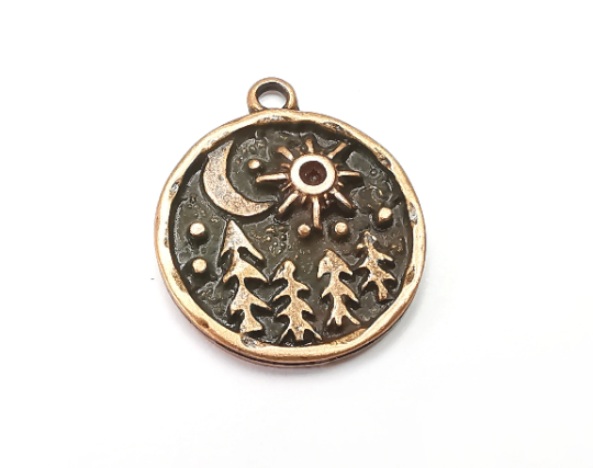 Tree Jungle Landscape Charms, Antique Copper Plated Crescent Sun Charms, Earring Dangle Components (25x21mm) G29272