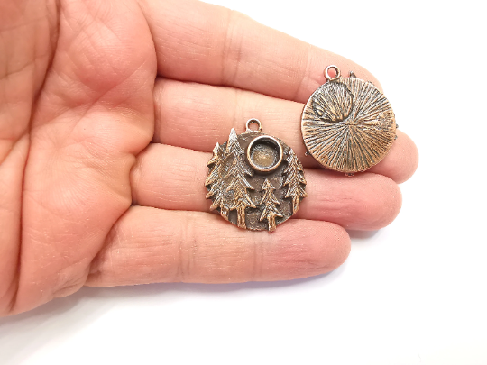 Pine Tree Round Charms Blank Resin Bezel Mosaic Mountings Cabochon Setting Antique Copper Plated Charms (32x28mm)(8mm Blank) G28004