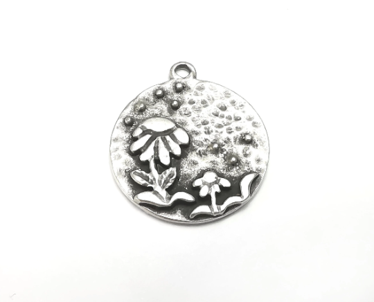 Flower Leaf Charms Hammered Disc Pendant Antique Silver Plated (28x25mm) G28486