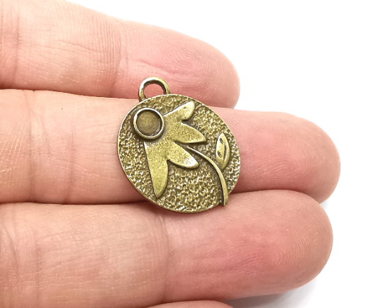 Flower Charms Pendant Bezel, Resin Blank, inlay Mounting, Mosaic Frame Cabochon Base, Antique Bronze Plated (4mm) G29356